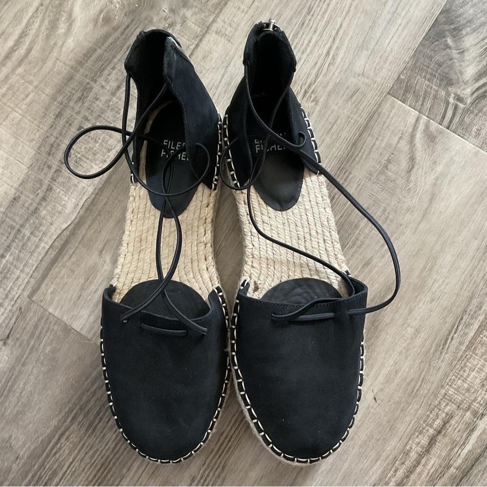 Eileen Fisher Black Suede Espadrille Lace Up Flat Shoes 8.5